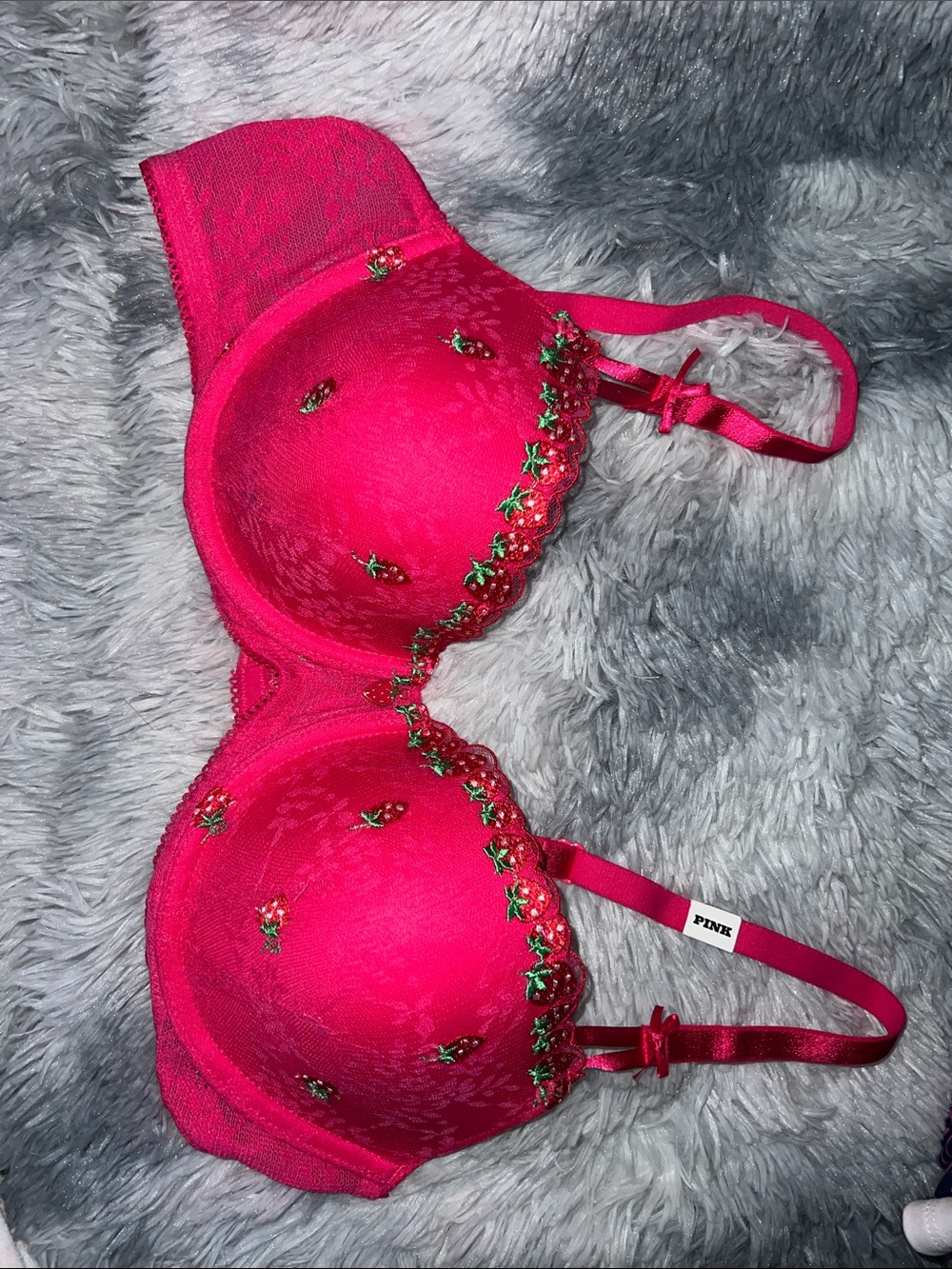 NWT PINK Victoria's Secret Bright Pink Strawberry Embroidered Push-Up Bra 36C